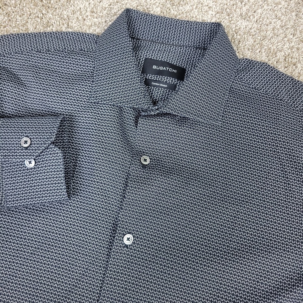 Bugatchi Comfort Stretch Mens 16.5-34/35 Black AOP Geometric Button Up LS